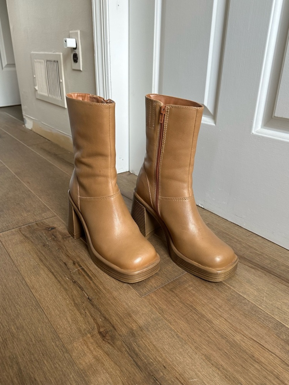 Women’s Tan Platform Block Heel Boots - Classic Mid-Calf Style